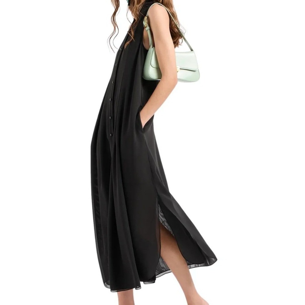 Emporio Armani Guru Collar & Flared Lines Black‎ Georgette Long Dress, 38